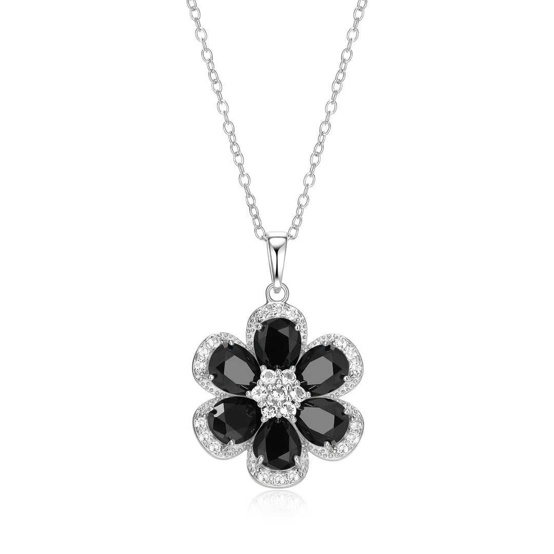 Sterling Silver Black Spinel & White Topaz Flower Necklace by Samuel B.
