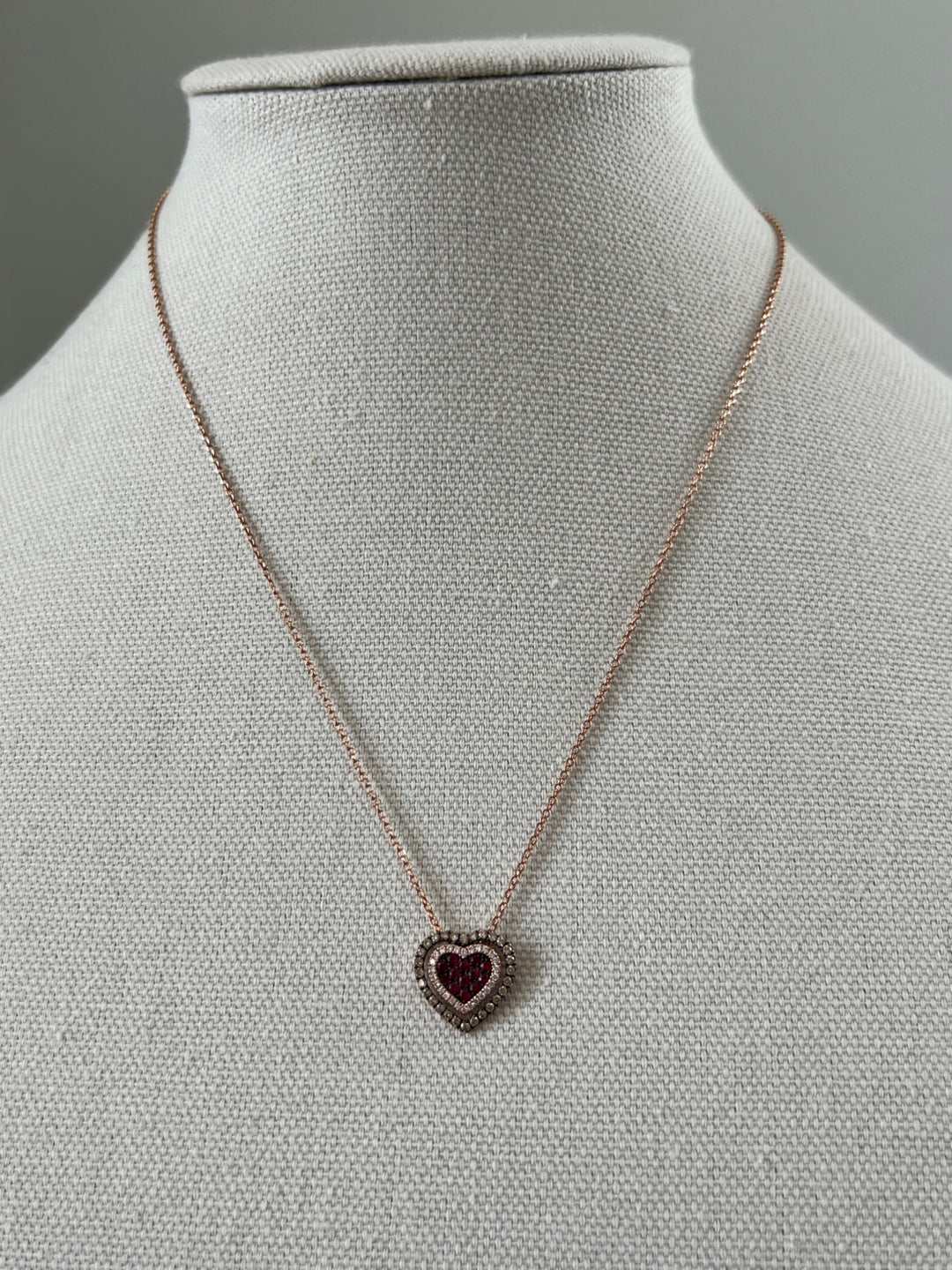 Estate 14K Rose Gold Ruby & Diamond Heart Pendant Necklace from the Le Vian x Godiva Collection