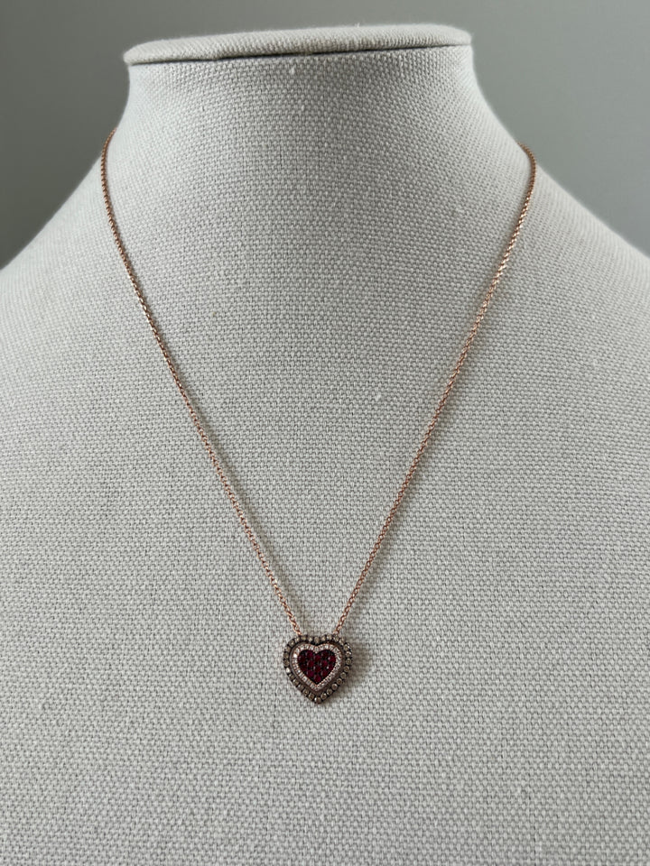 Estate 14K Rose Gold Ruby & Diamond Heart Pendant Necklace from the Le Vian x Godiva Collection