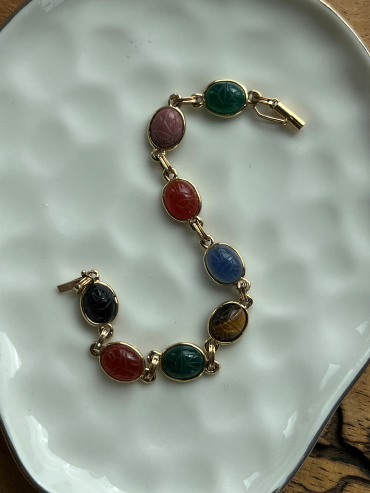 Estate 14K Yellow Gold Carved Multi-Gemstone Vintage Scarab Bracelet from the Egyptian Revival Era