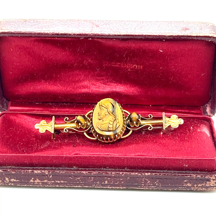 Estate 14K Yellow Gold Tiger's Eye Victorian Cameo Brooch