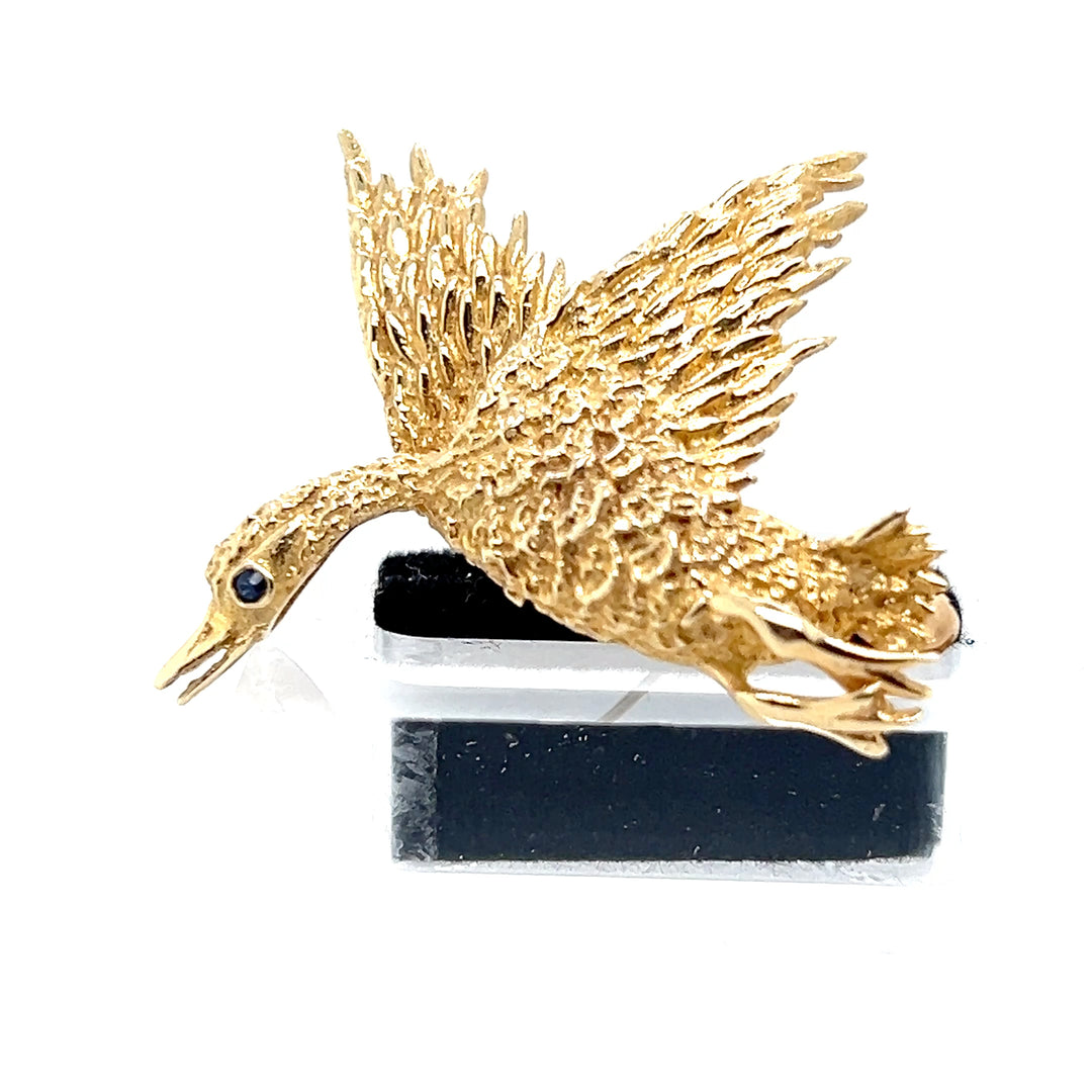 Estate 14K Yellow Gold Blue Sapphire Vintage Flying Duck Brooch