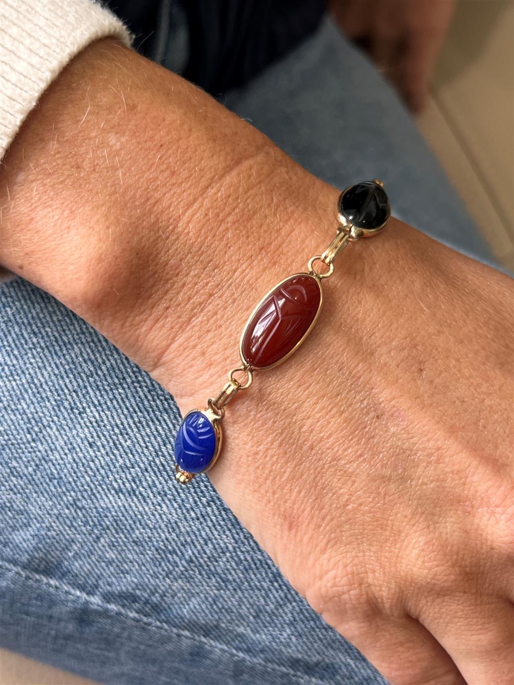 Estate 14K Yellow Gold Multi Gemstone Scarab Link Bracelet