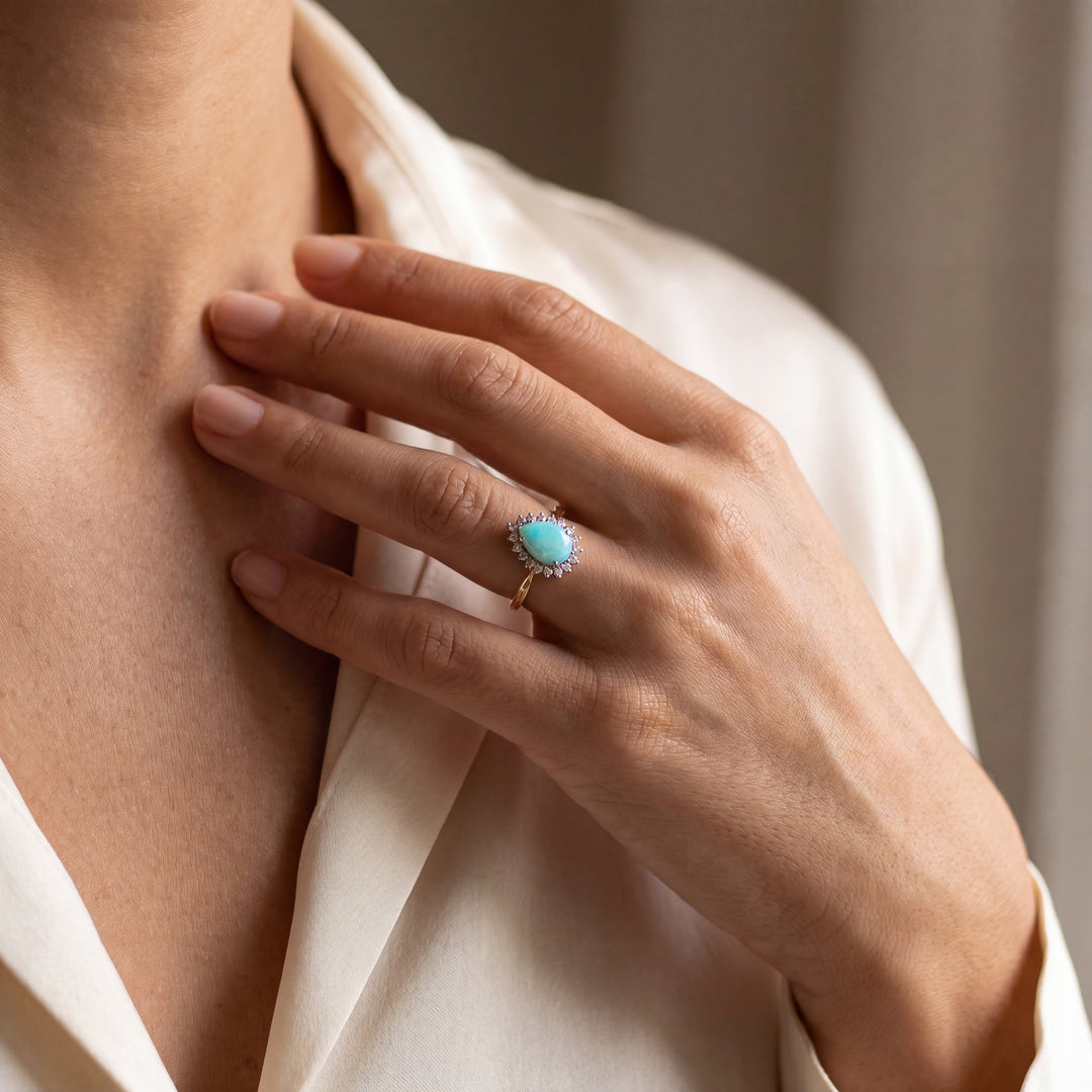 Estate 14K Yellow Gold Pear Cabochon Opal & Diamond Halo Ring
