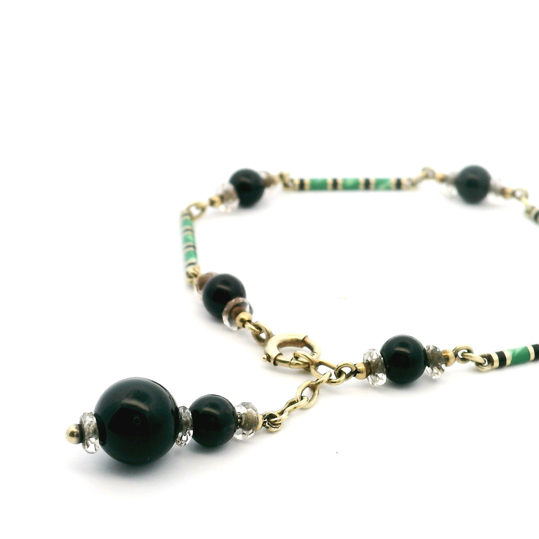 Estate 14K Yellow Gold Black Onyx & Enamel Bead Art Deco Bracelet