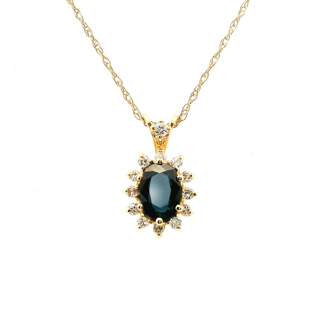 Estate 14K Oval Blue Sapphire and Diamond Halo Pendant Necklace