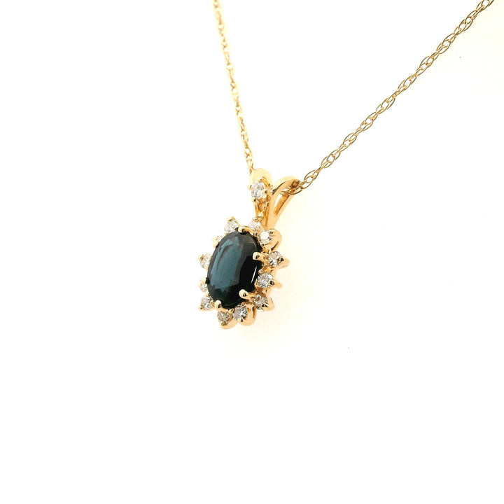 Estate 14K Oval Blue Sapphire and Diamond Halo Pendant Necklace