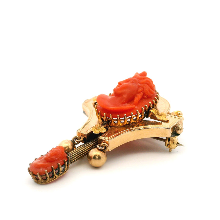 Estate 14K Yellow Gold Coral Antique Archaeological Revival Diana Cameo Brooch