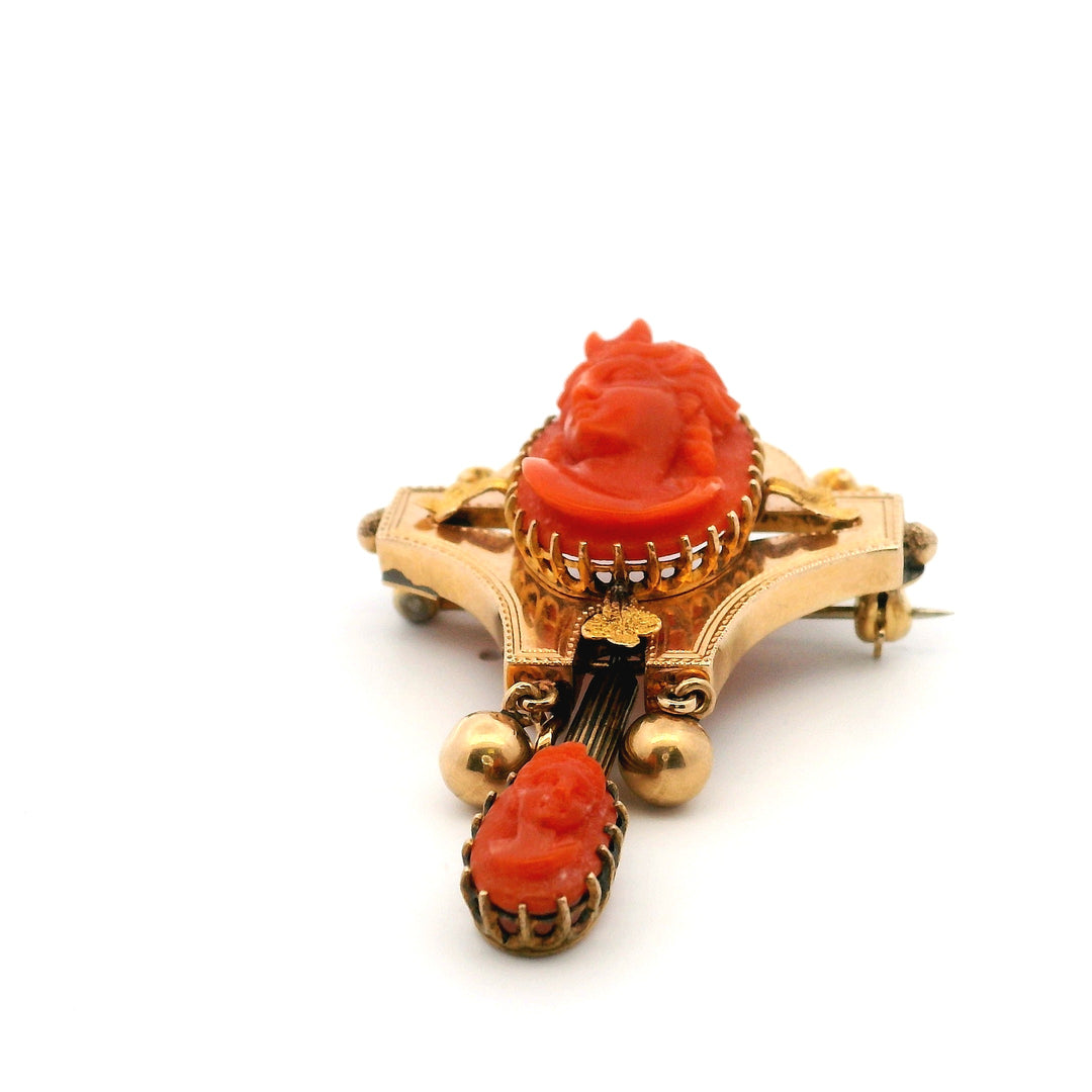 Estate 14K Yellow Gold Coral Antique Archaeological Revival Diana Cameo Brooch