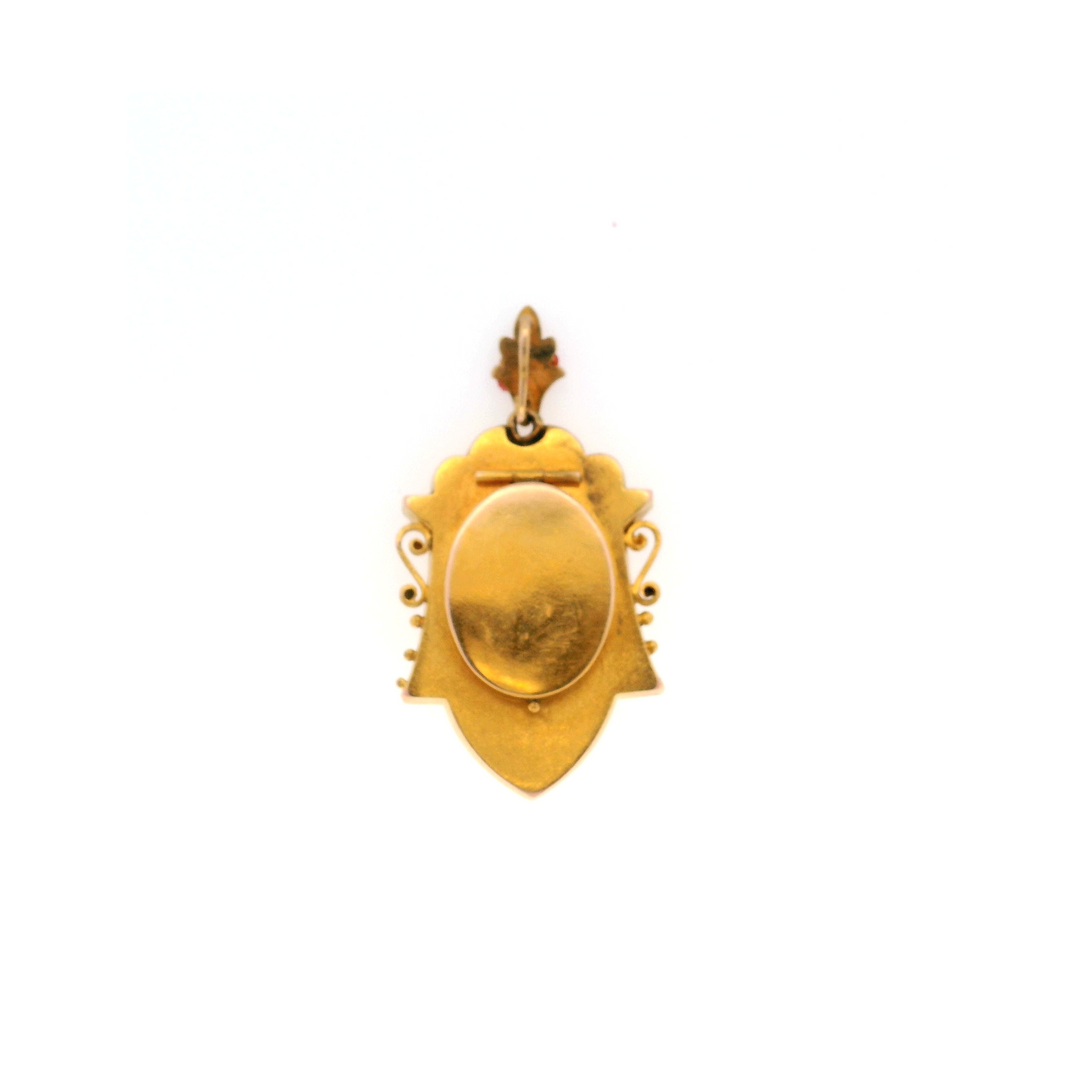 Estate 10K/14K Yellow Gold Turquoise Glass Victorian Archeological Revival Pendant with Locket Back