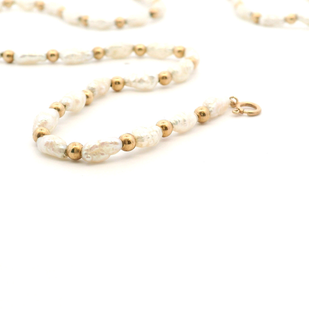 Estate 14K Yellow Gold Bead and Natural Rice Pearl Necklace