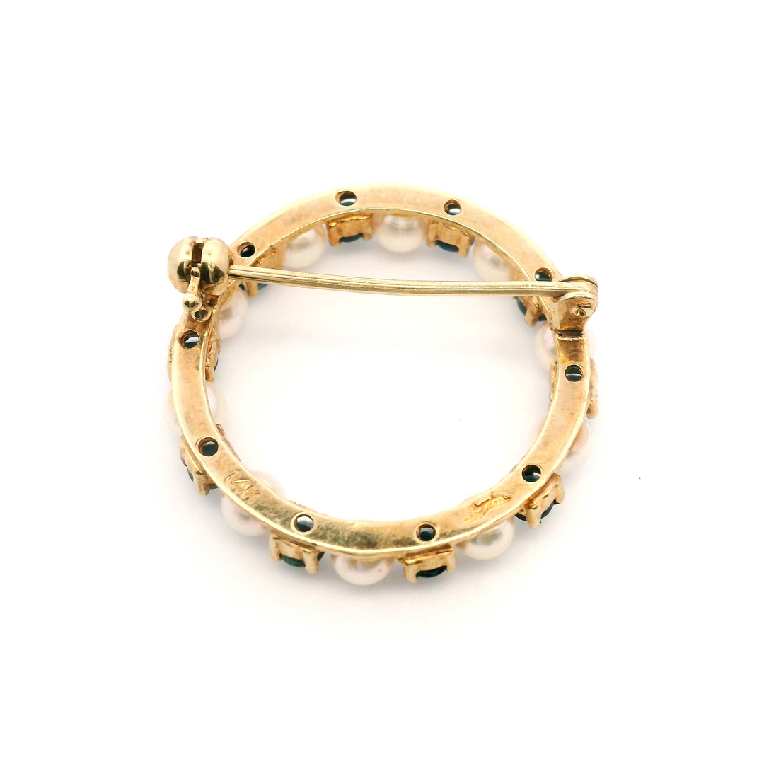 Estate 14K Yellow Gold Blue Sapphire and Pearl Vintage Circle Brooch