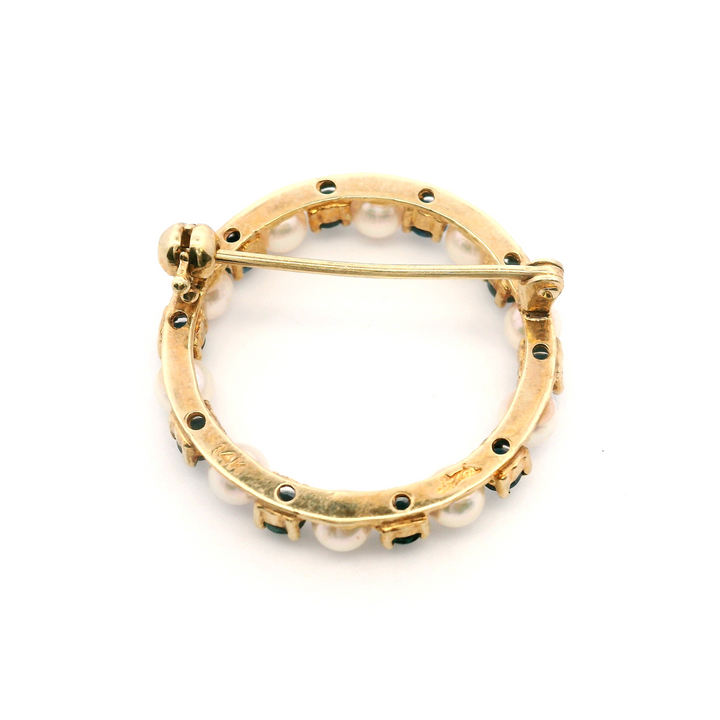 Estate 14K Yellow Gold Blue Sapphire and Pearl Vintage Circle Brooch