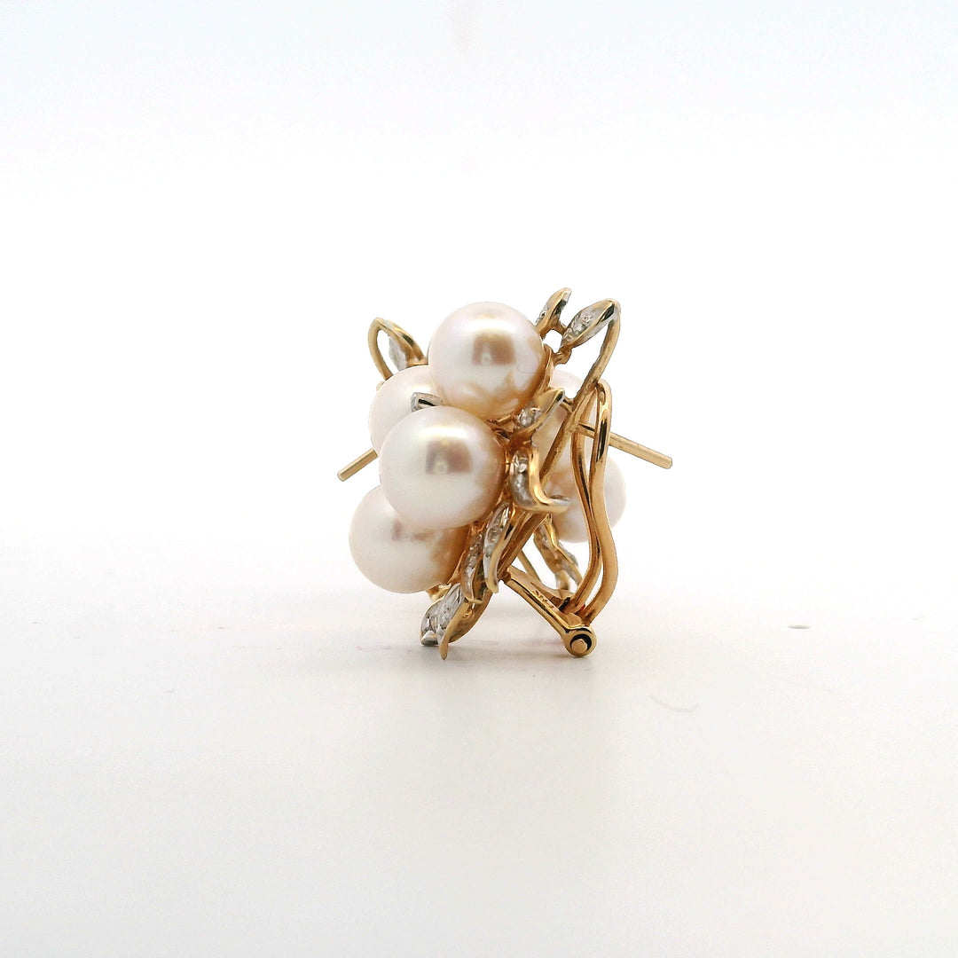Estate 14K Yellow Gold 7.25-7.5MM Akoya Pearl & Diamond Cluster Stud Earrings