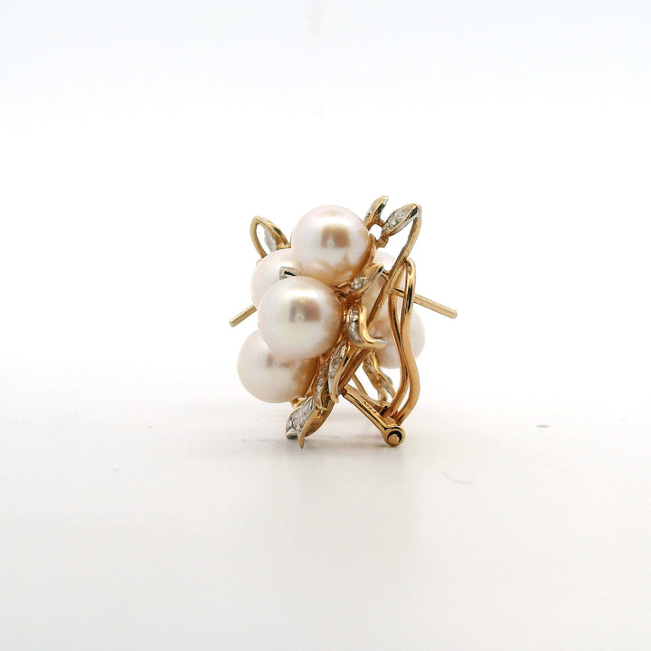 Estate 14K Yellow Gold 7.25-7.5MM Akoya Pearl & Diamond Cluster Stud Earrings