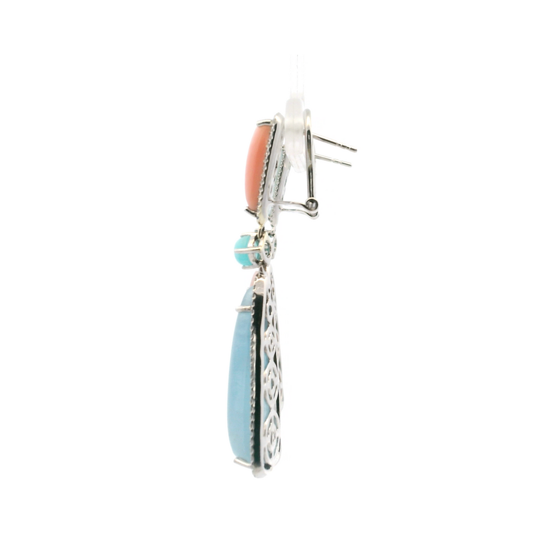 14K White Gold 7.96CTW Aquamarine, Pink Opal & Diamond Halo Drop Earrings by Bellarri