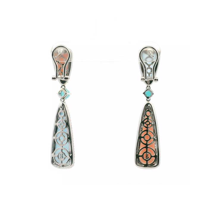 14K White Gold 7.96CTW Aquamarine, Pink Opal & Diamond Halo Drop Earrings by Bellarri