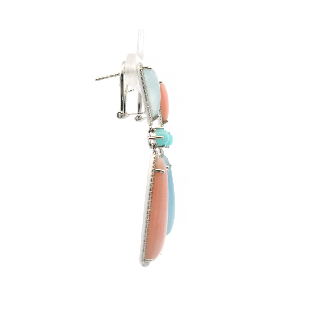 14K White Gold 7.96CTW Aquamarine, Pink Opal & Diamond Halo Drop Earrings by Bellarri