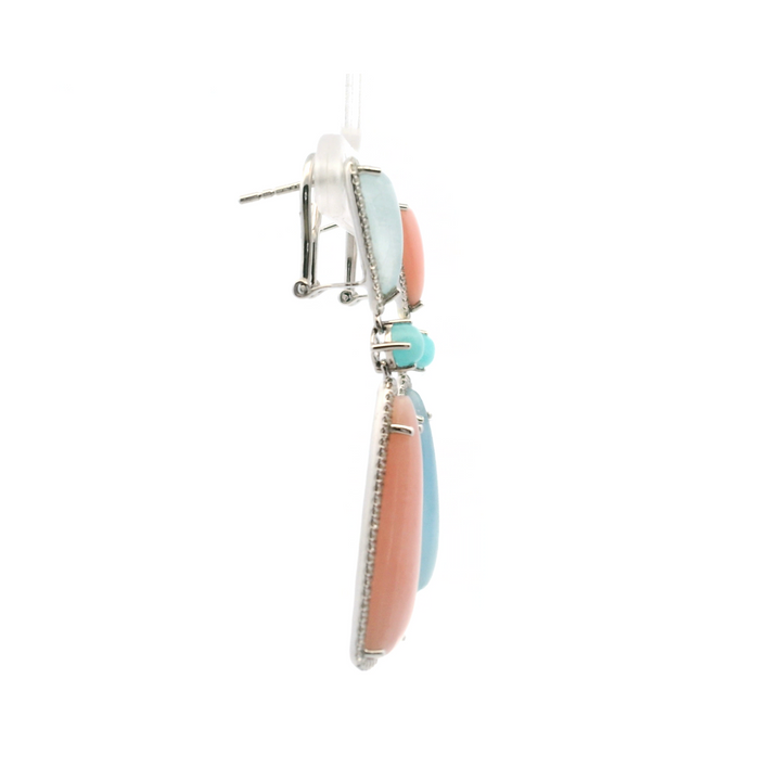 14K White Gold 7.96CTW Aquamarine, Pink Opal & Diamond Halo Drop Earrings by Bellarri