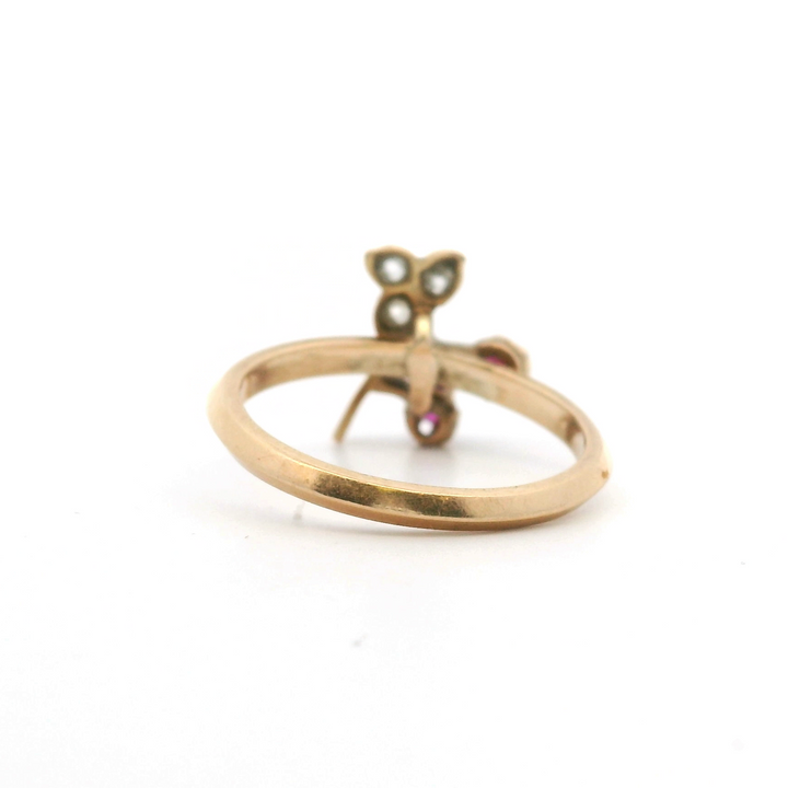 Estate 14K Yellow Gold 0.21CTW Rose-Cut Diamond & Ruby Flower Ring