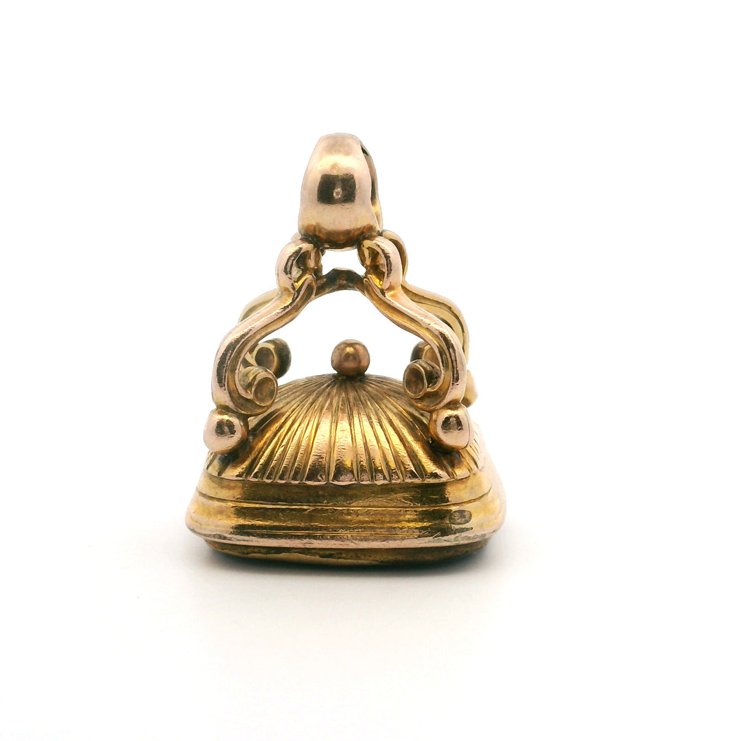 Estate 10K Yellow Gold Victorian Cushion Cut Amethyst "In Domino Confido" Crest Engraved Fob Seal