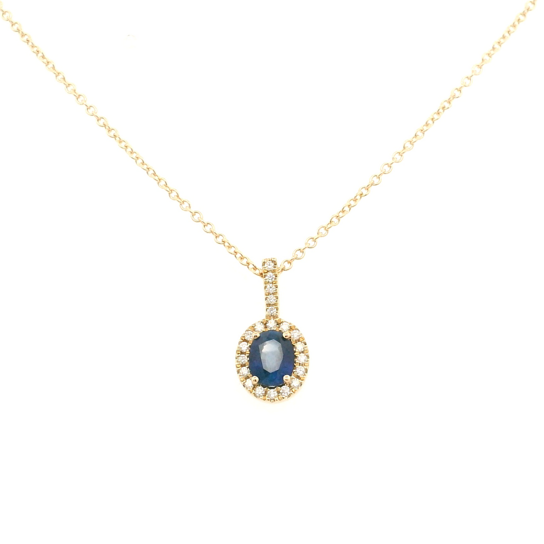 14K Yellow Gold 0.57CTW Oval Blue Sapphire & Diamond Halo Pendant Necklace