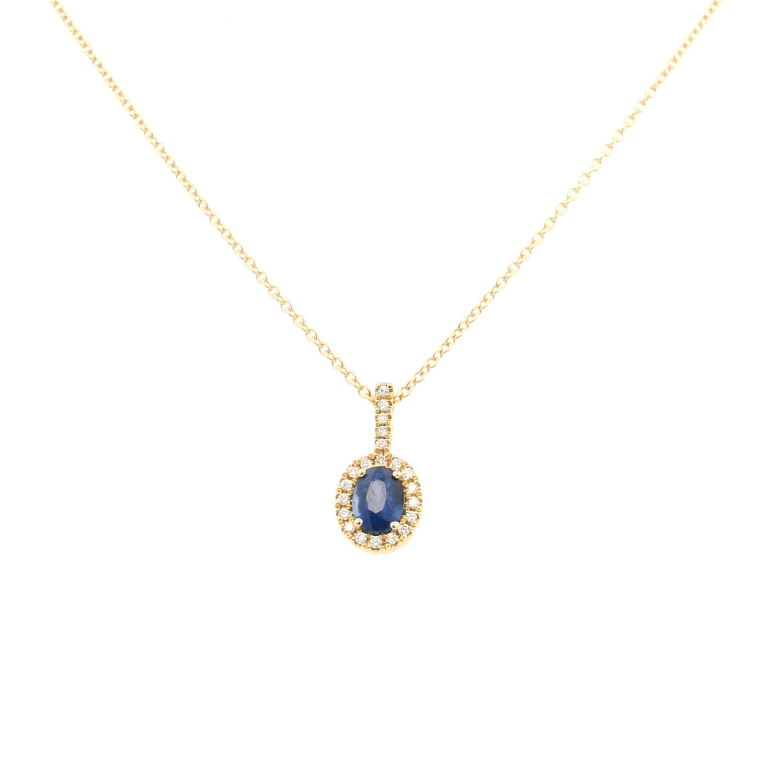 14K Yellow Gold 0.57CTW Oval Blue Sapphire Diamond Halo Pendant Necklace
