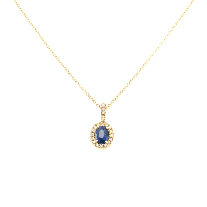 14K Yellow Gold 0.57CTW Oval Blue Sapphire Diamond Halo Pendant Necklace