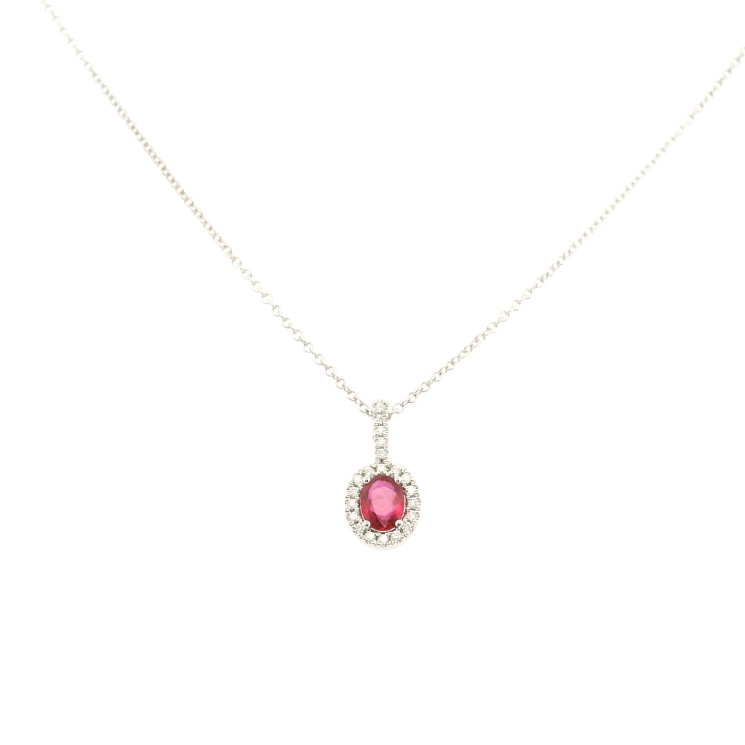 14K White Gold 0.53 Ruby & Diamond Halo Pendant Necklace