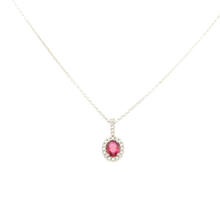 14K White Gold 0.53 Ruby & Diamond Halo Pendant Necklace