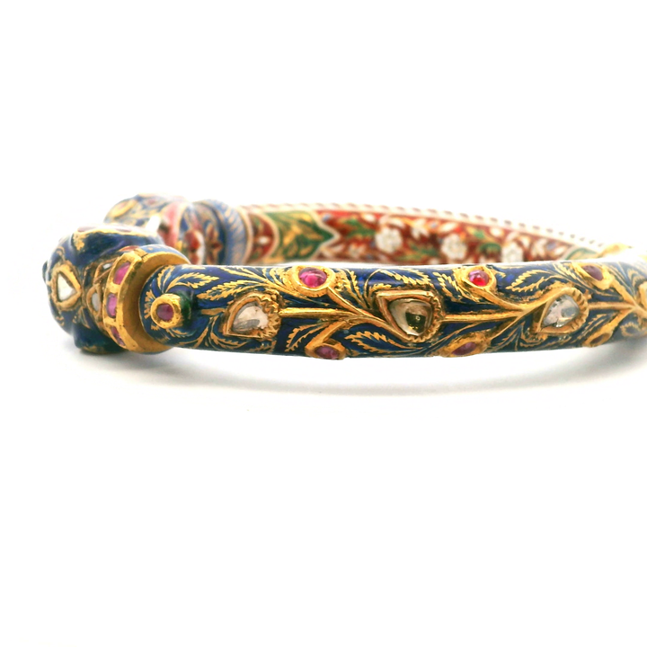 Estate Gold-Filled Kundan-Style Ruby, Polki Diamond and Enamel Elephant Bangle