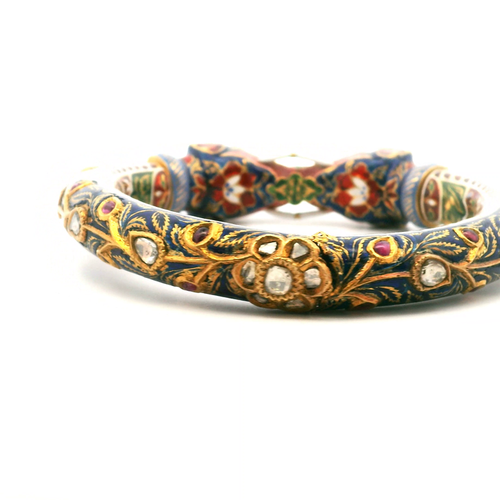Estate Gold-Filled Kundan-Style Ruby, Polki Diamond and Enamel Elephant Bangle