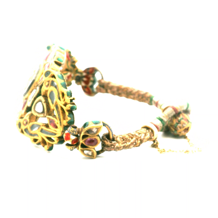 Estate Gold-Filled Kundan-Style Pink Sapphire, Polki Diamond and Enamel Hinged Bracelet