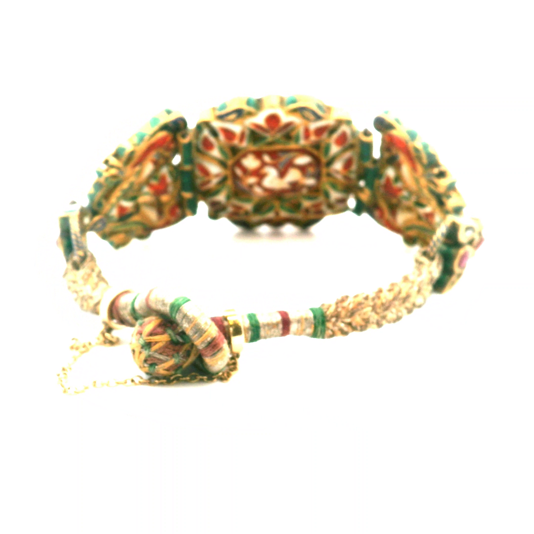 Estate Gold-Filled Kundan-Style Pink Sapphire, Polki Diamond and Enamel Hinged Bracelet
