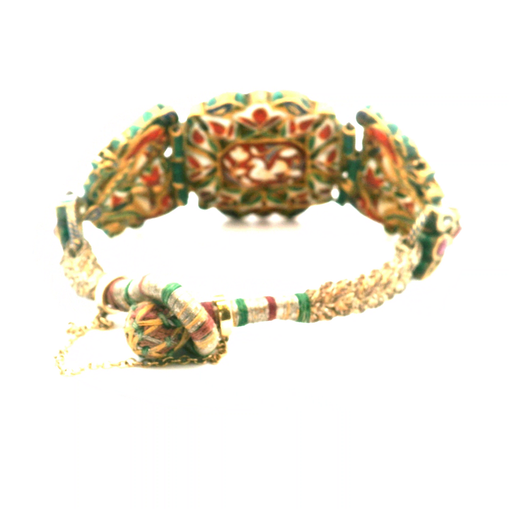 Estate Gold-Filled Kundan-Style Pink Sapphire, Polki Diamond and Enamel Hinged Bracelet