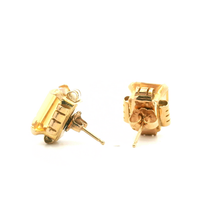 Estate 14K Yellow Gold 6.30CTW Emerald-Cut Citrine Vintage Stud Earrings