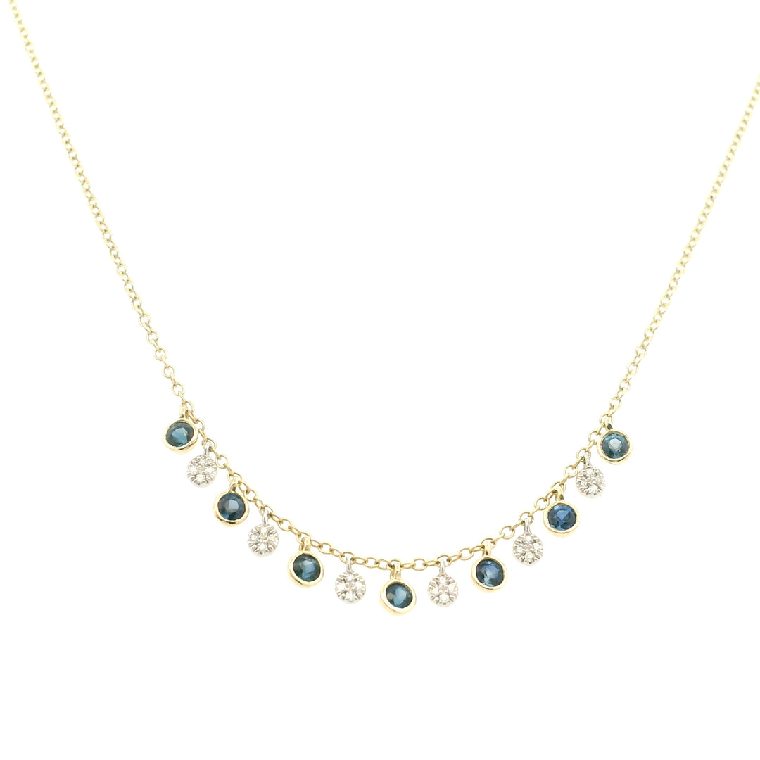 14K Yellow Gold 046CTW Blue Sapphire & Diamond Disc Fringe Necklace