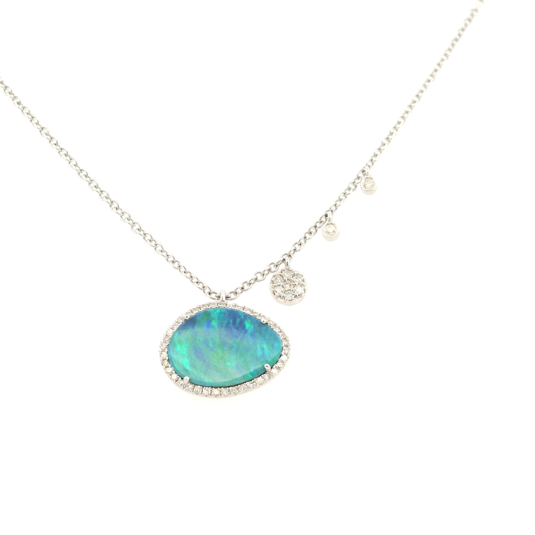 14K White Gold Freeform Opal and Diamond Halo Necklace