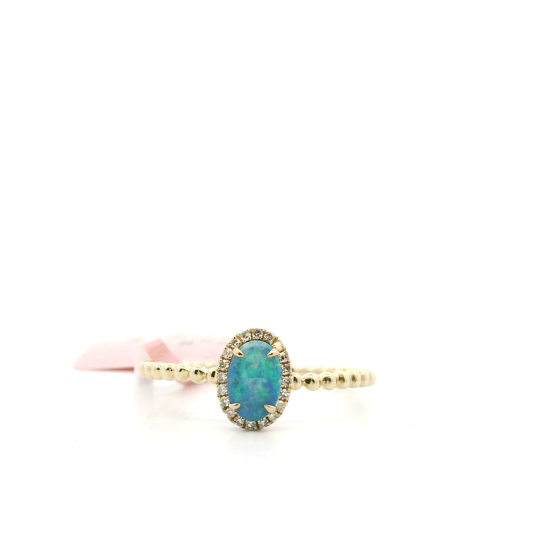14K Yellow Gold Oval Opal and Diamond Halo Ring