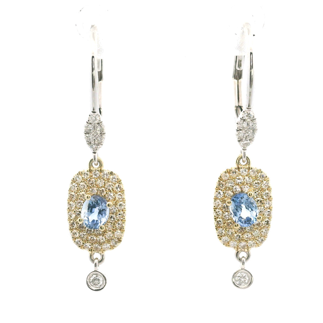 14K Two Tone Gold 0.88CTW Sapphire & Diamond Halo Drop Earrings