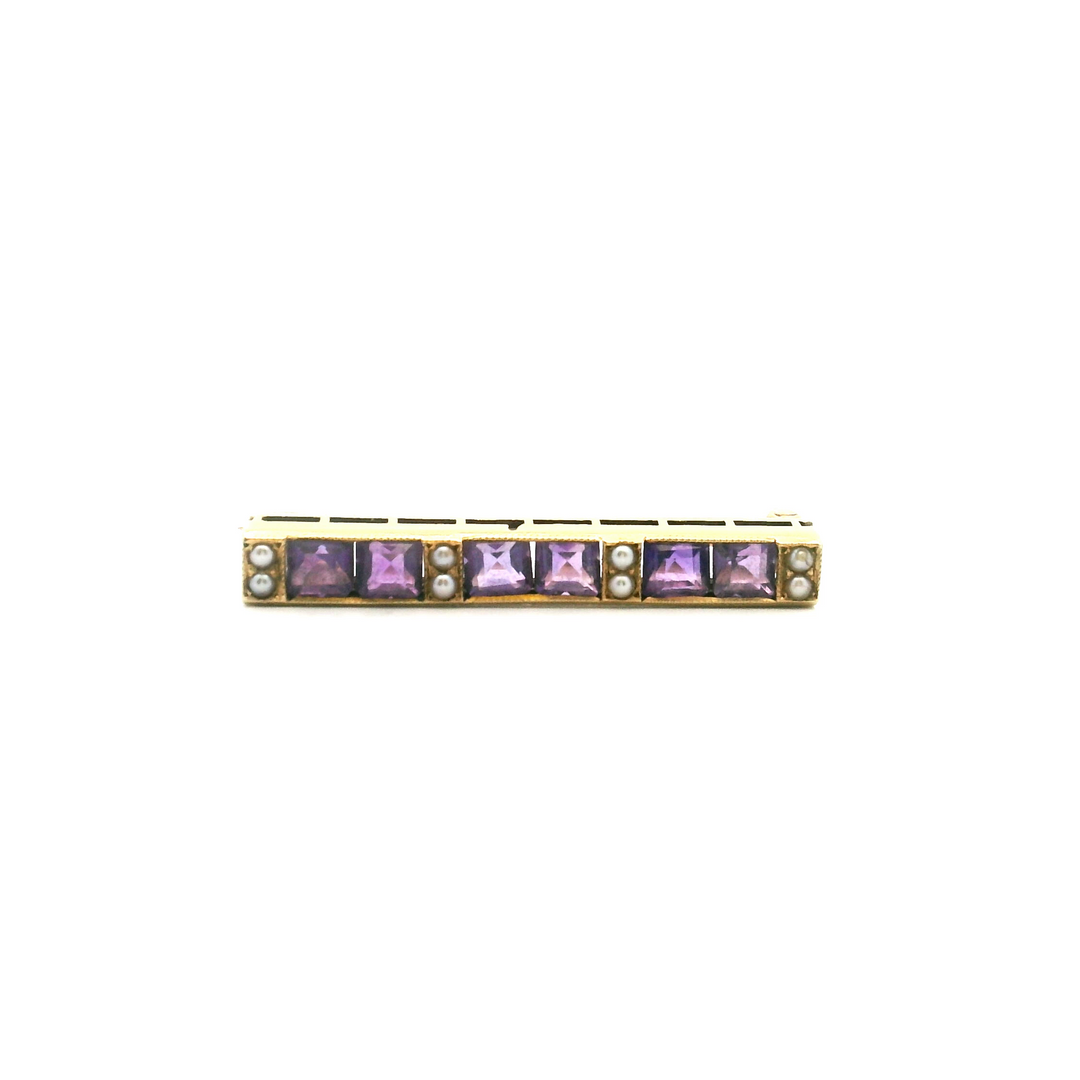 Estate 14K Yellow Gold Amethyst & Seed Pearl Edwardian Lingerie Pin by Sloan & Co.