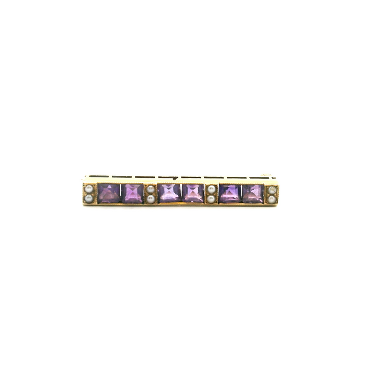 Estate 14K Yellow Gold Amethyst & Seed Pearl Edwardian Lingerie Pin by Sloan & Co.