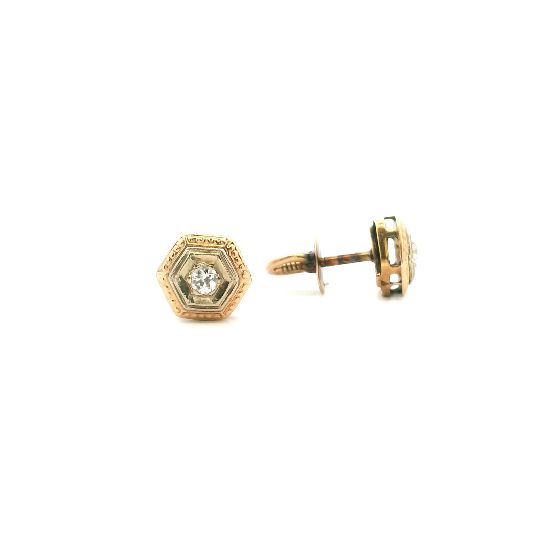 Estate 14K Two-Tone Gold 0.10CTW Old European-Cut Diamond Art Deco Stud Earrings