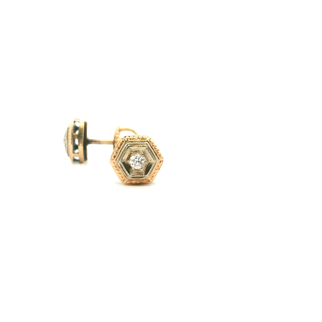 Estate 14K Two-Tone Gold 0.10CTW Old European-Cut Diamond Art Deco Stud Earrings