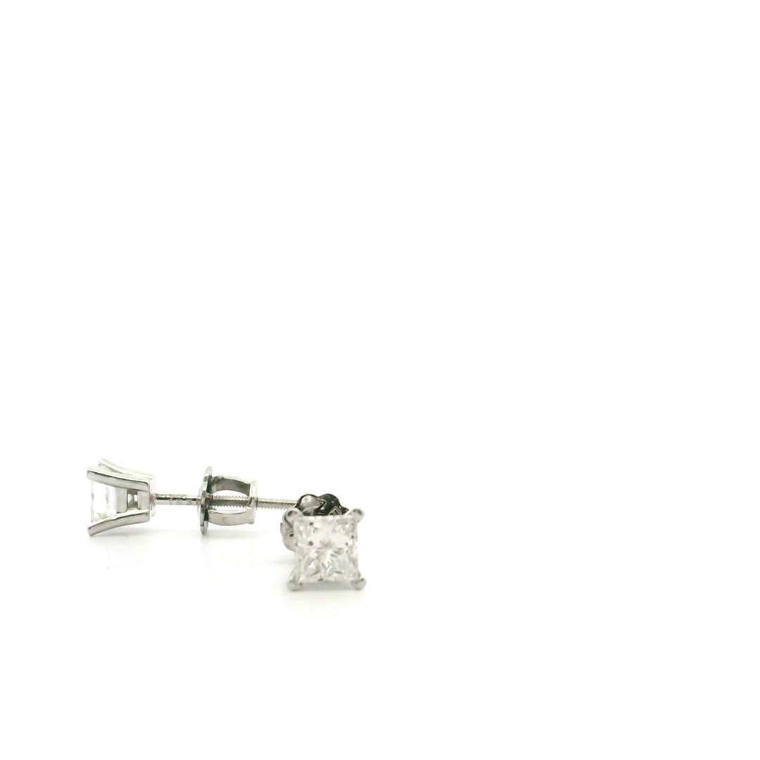 Estate Platinum 0.54CTW Square Brilliant Diamond Solitaire Stud Earrings