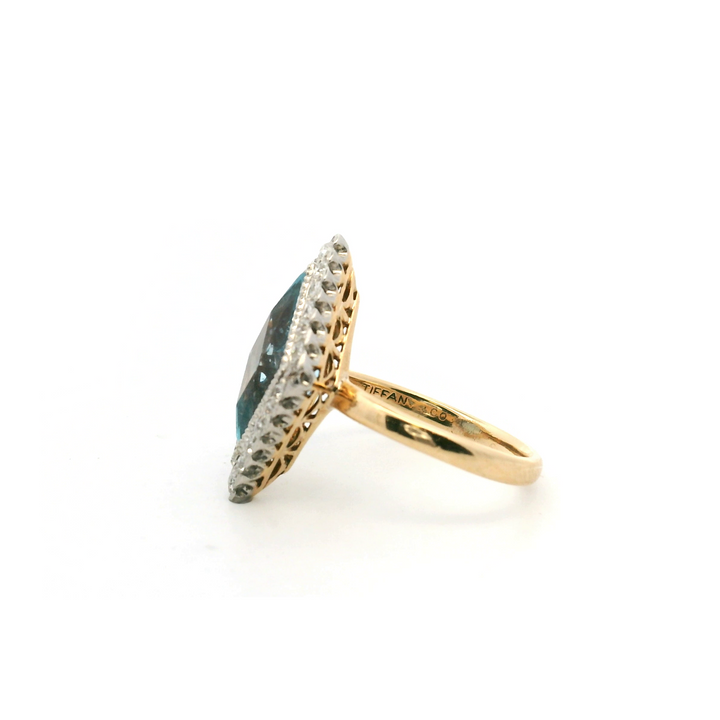 Estate 18K & Platinum Lozenge Aquamarine & Diamond Halo Edwardian Ring by Tiffany & Co.