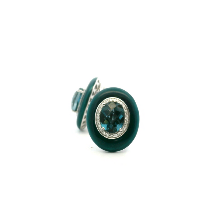 14K White Gold 3.09CTW London Blue Topaz, Diamond & Enamel Stud Earrings by Bellarri