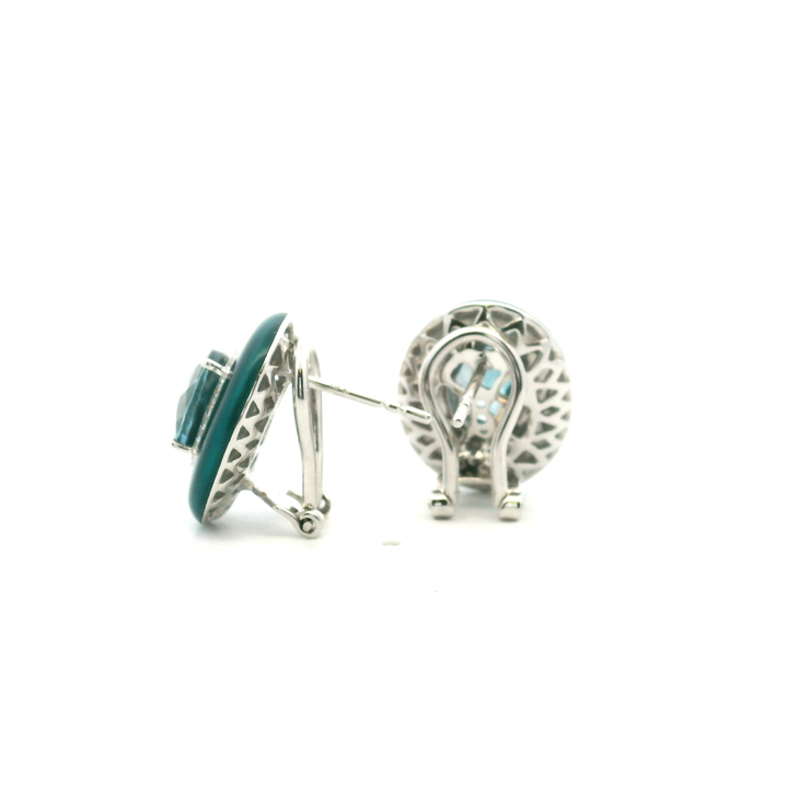 14K White Gold 3.09CTW London Blue Topaz, Diamond & Enamel Stud Earrings by Bellarri
