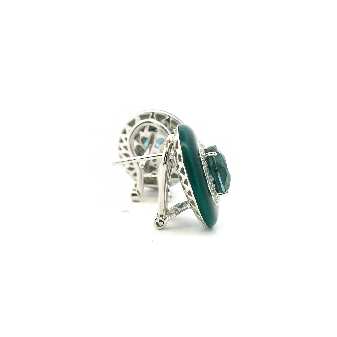 14K White Gold 3.09CTW London Blue Topaz, Diamond & Enamel Stud Earrings by Bellarri