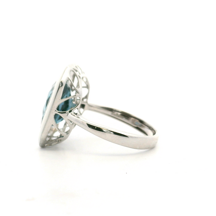 14K White Gold 4.59CTW London Blue Topaz, Diamond, and White Enamel Halo Ring